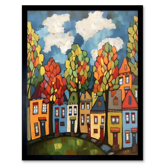 Multicoloured Row Of Houses With Autumn Trees Contemporary Folk Art Painting Art Print Framed Poster Wall Decor 12x16 inch