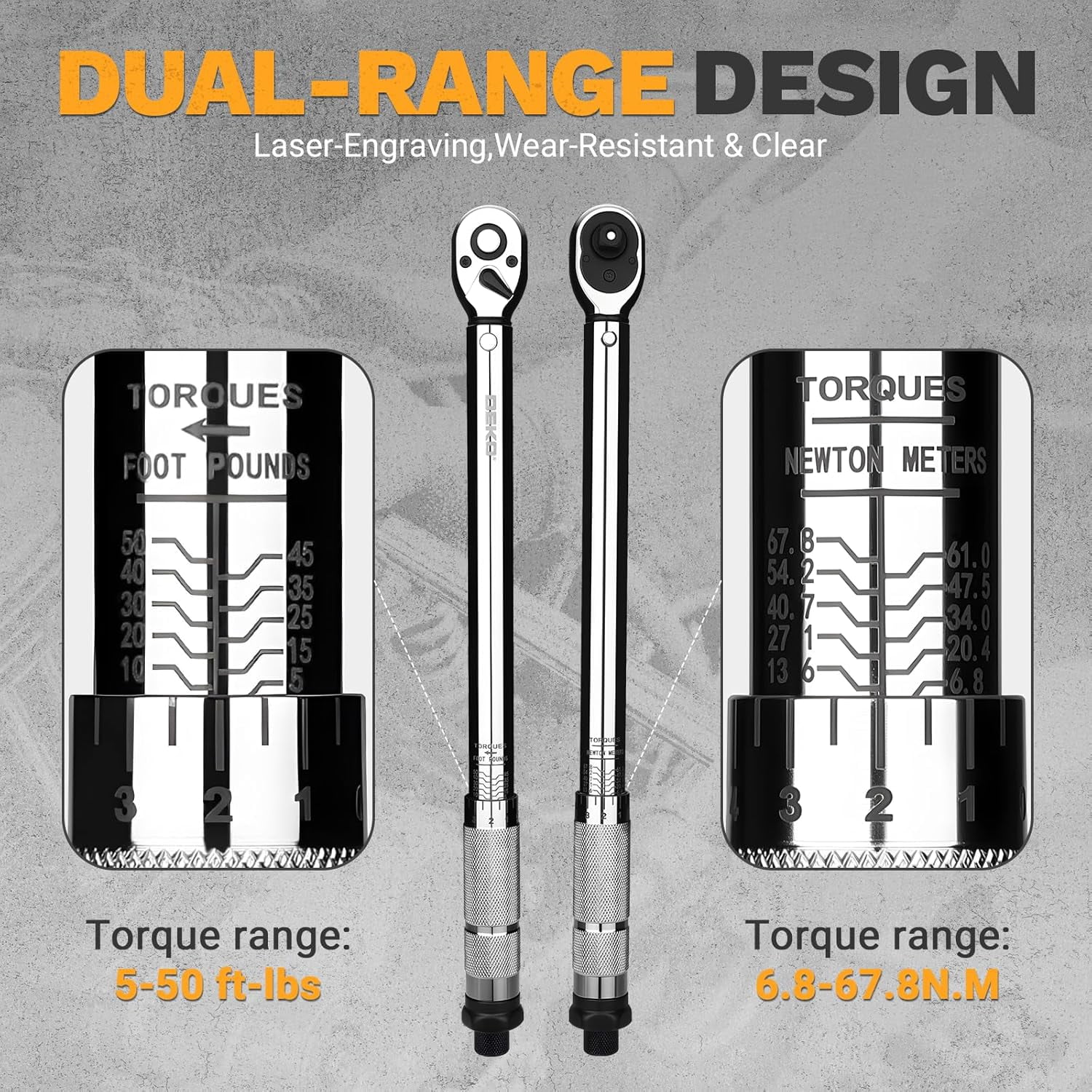 Torque Wrench 3/8 Inch Drive Click, 5-50 Ft-Lb/6.8-67.8 Nm Torque Wrench, ±3% High Precision, 72 Tooth Torque Wrenches with Dual-Direction Adjustable for Bike Motorcycle and Car Repair