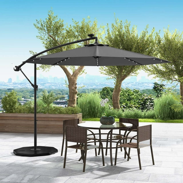 Costway 10 Ft Patio Solar LED 40 Lights Offset Umbrella Crank Cross Base Gray