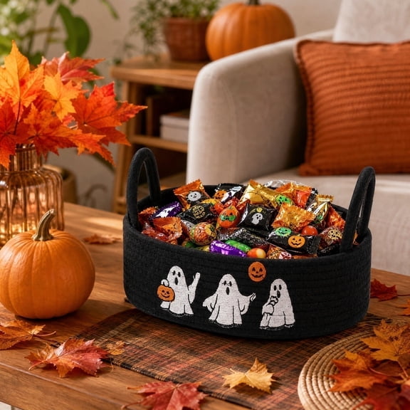 Halloween Boo Ghost Storage Basket, Black Cotton Rope Woven Basket with Handles, Ghost & Pumpkin Embroidered Organizer for Bathroom Toilet Tank, Bedroom, Halloween Party Decor