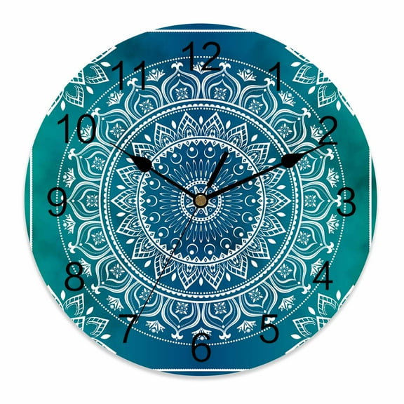Silent Wall Clocks Battery Operated, Teal Blue Bohemian Round Decorative Wall Clock for Living Room Bedroom Kitchen Bathroom Classroom Decor, 14 Inch Retro Man-dala Pattern White