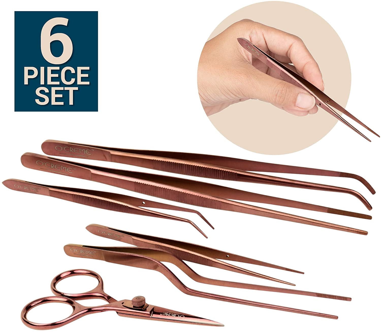 O'Creme Set of Culinary Tweezer Tongs Offset, Straight and Curved, Plus Super Sharp Chef Scissors, Total 6 Pieces Rose Gold