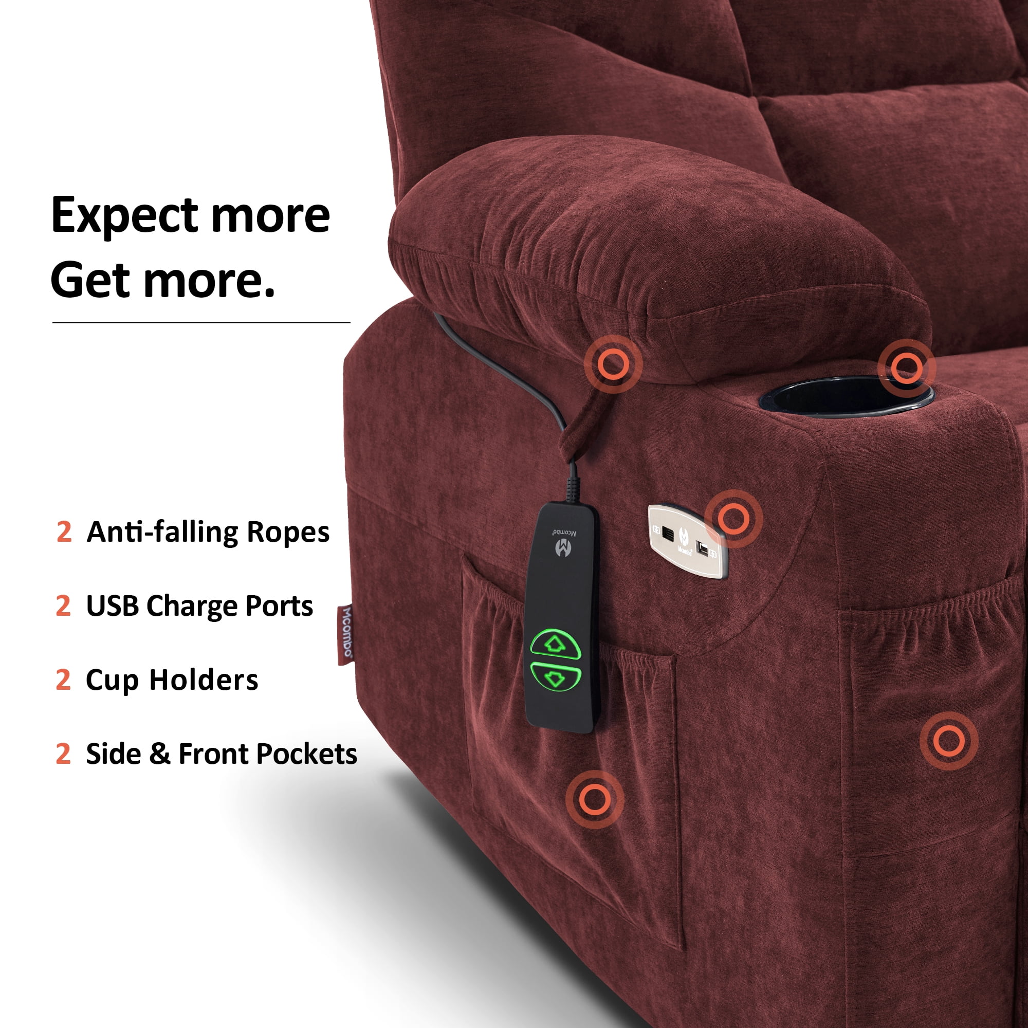MCombo Regular Power Lift Recliner Chair with Extended Footrest for Elderly People, Fabric 7287 (Burgundy, Regular)