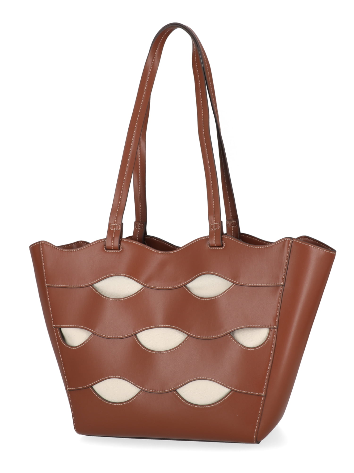 Free Assembly Women's Allegra Faux Leather Cut Out Tote Handbag, Cognac/Cream