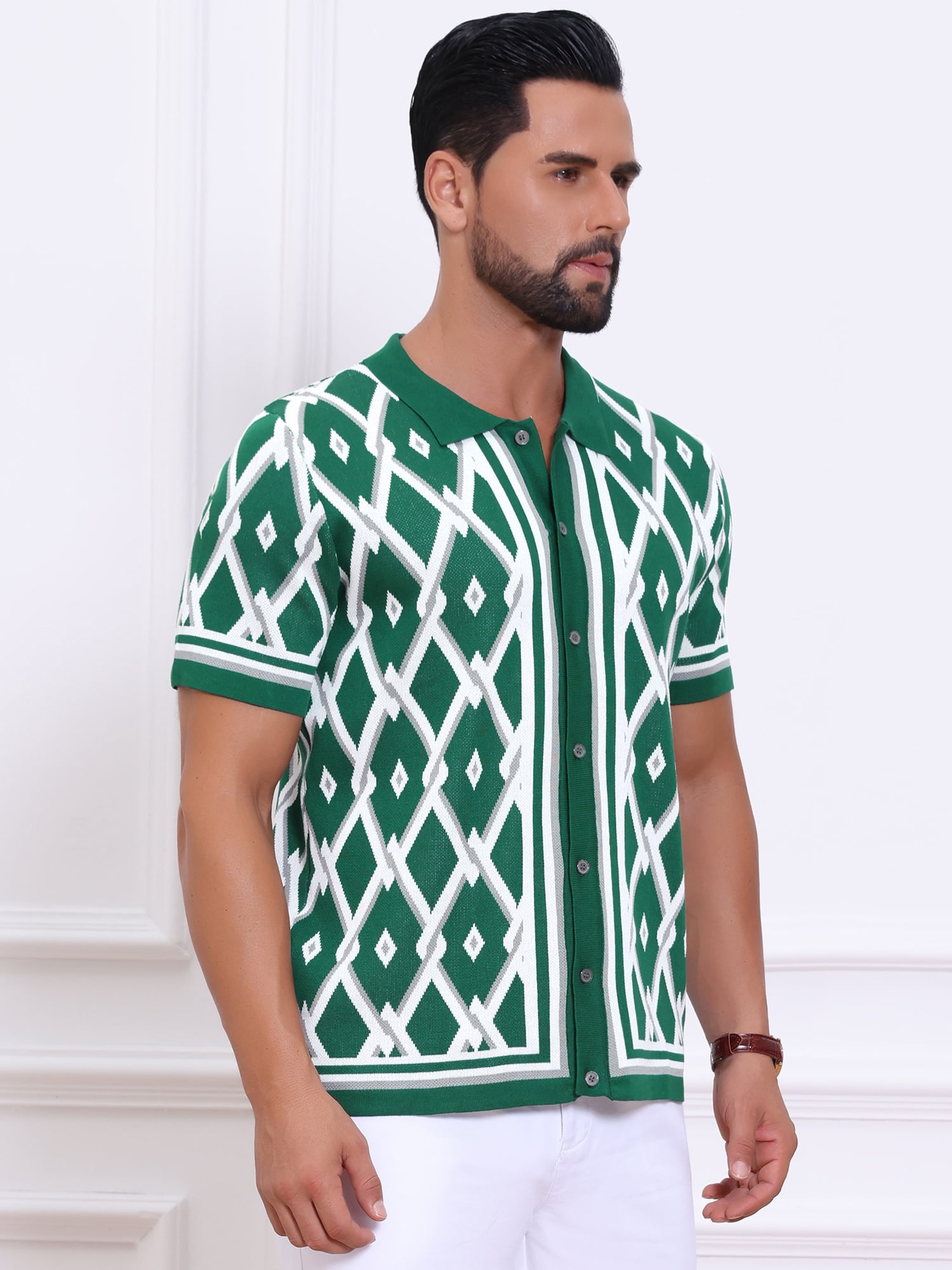 DARING DIVA Men's Short Sleeve Button Down Plaid Knitted Argyle Polo Shirt L Green