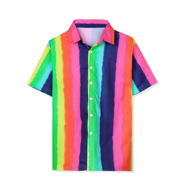 INSPIRE CHIC Camisa de verano con estampado de rayas arcoíris para hombre, camisas de manga corta con botones rosa multicolor M