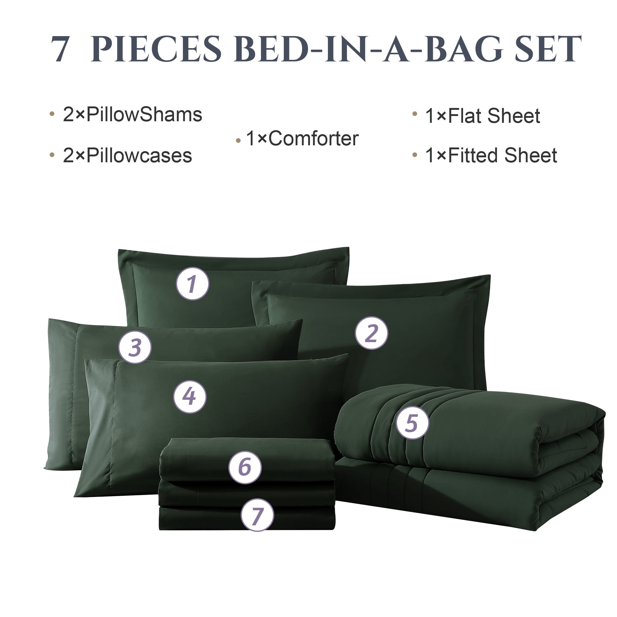 Amberspace 7-piece Bed in a Bag Comforter Set with Sheets,Dark Green,King