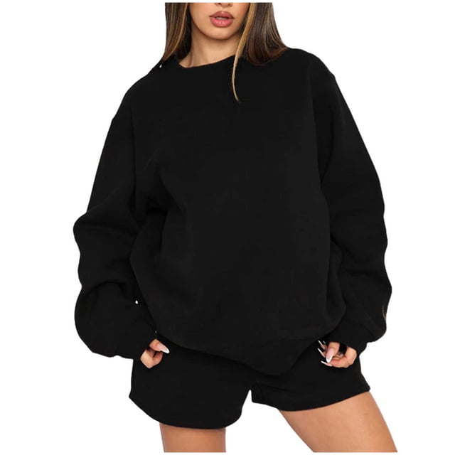 IROINNID Survêtement pour Femmes Ensemble 2 Pcs Col Rond Réduit Chandail à Enfiler Manches Longues Chandail Ample Décontracté Ensemble de Shorts Tenue de Sport,Noir