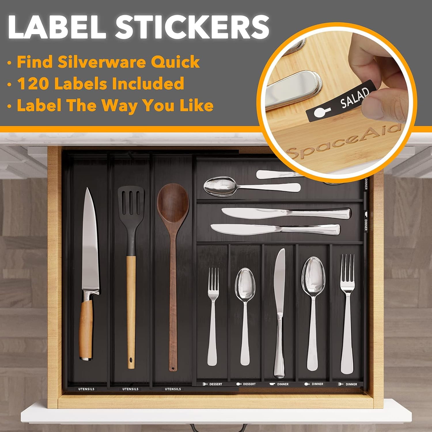 SpaceAid Bamboo Silverware Drawer Organizer with Labels, Expandable, 10 Slots, Black