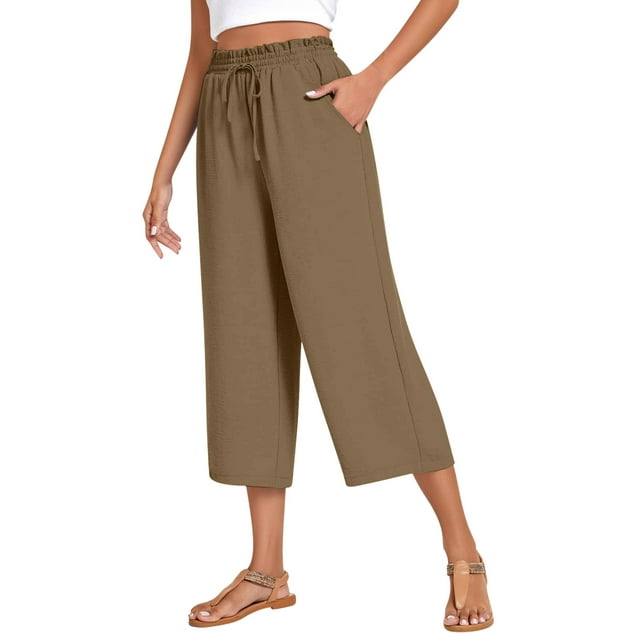 ohmzyzo Womens Summer Fashion Solid Casual Elastic Waist Wide Leg Pants