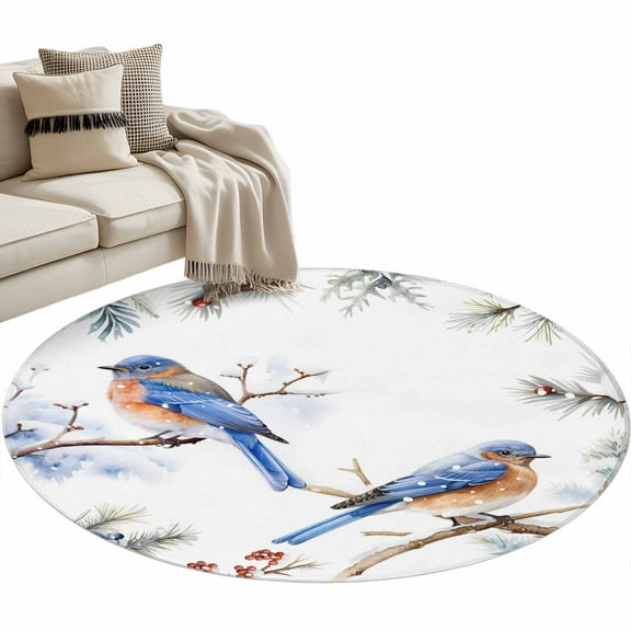 Blue Christmas Bird, Round Area Rug 4 FT, Non Slip Indoor Outdoor Rug, Winter Berry Snowy Pine Cones Washable Soft Circular Carpet Non-Shedding Floor Mat for Coffee Table Nursery Foyer Balcony