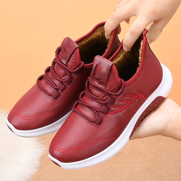 Women Waterproof Leather Winter Sneakers Elastic No Tie Lace Up Warm Fleece Lined Lightweight Cushion Walking Shoes