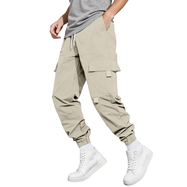 Pantalones cargo para hombre con cordón elástico en la cintura, pierna recta, bolsillos laterales y traseros, poliéster ligero, para uso informal/deportes al aire libre, tallas S-XXL