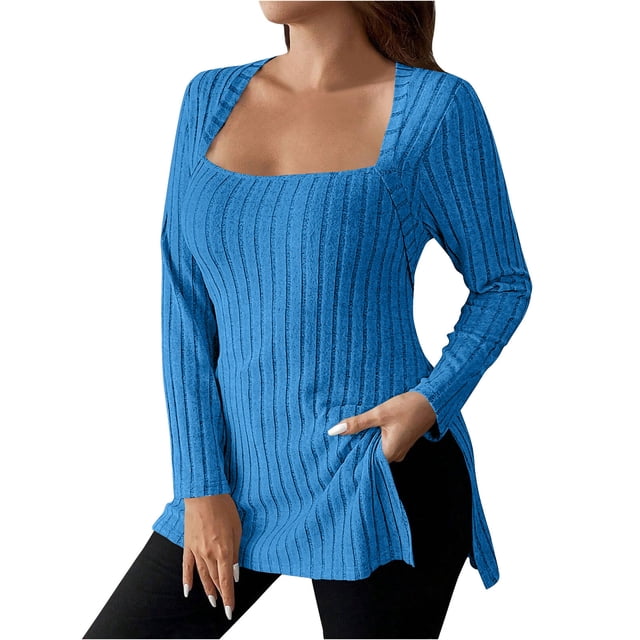 aidice Plus Size Tops for Women Ribbed Square Neck Long Sleeve Skinny Side Split Comfy Fall Shirts