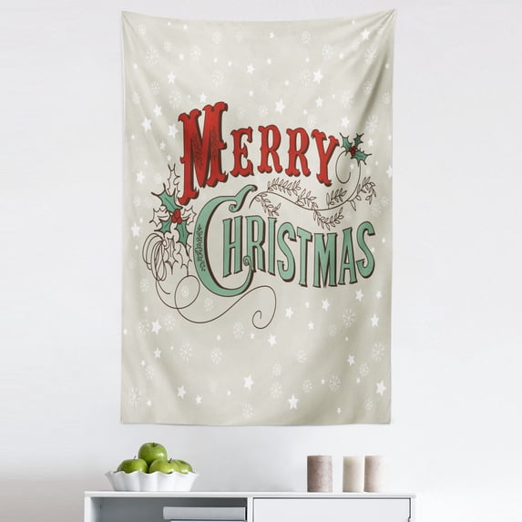 Christmas Tapestry, Xmas Stars and Snowflakes Backdrop Retro Lettering, Fabric Wall Hanging Decor for Bedroom Living Room Dorm, 5 Sizes, Eggshell Sea Green Ruby, by Ambesonne