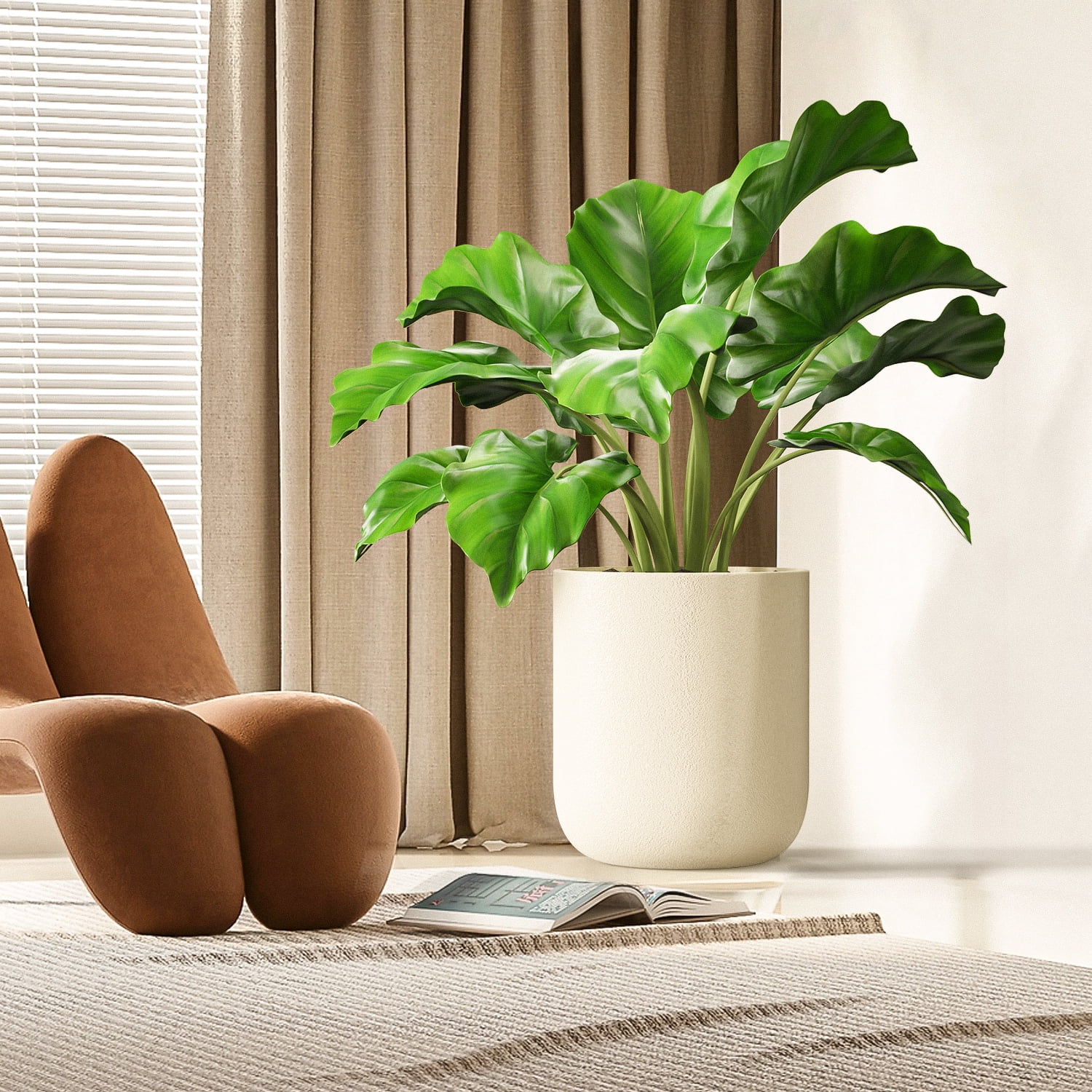 FOUKUS Set of 3 Concrete-Like Round Planters, Beige