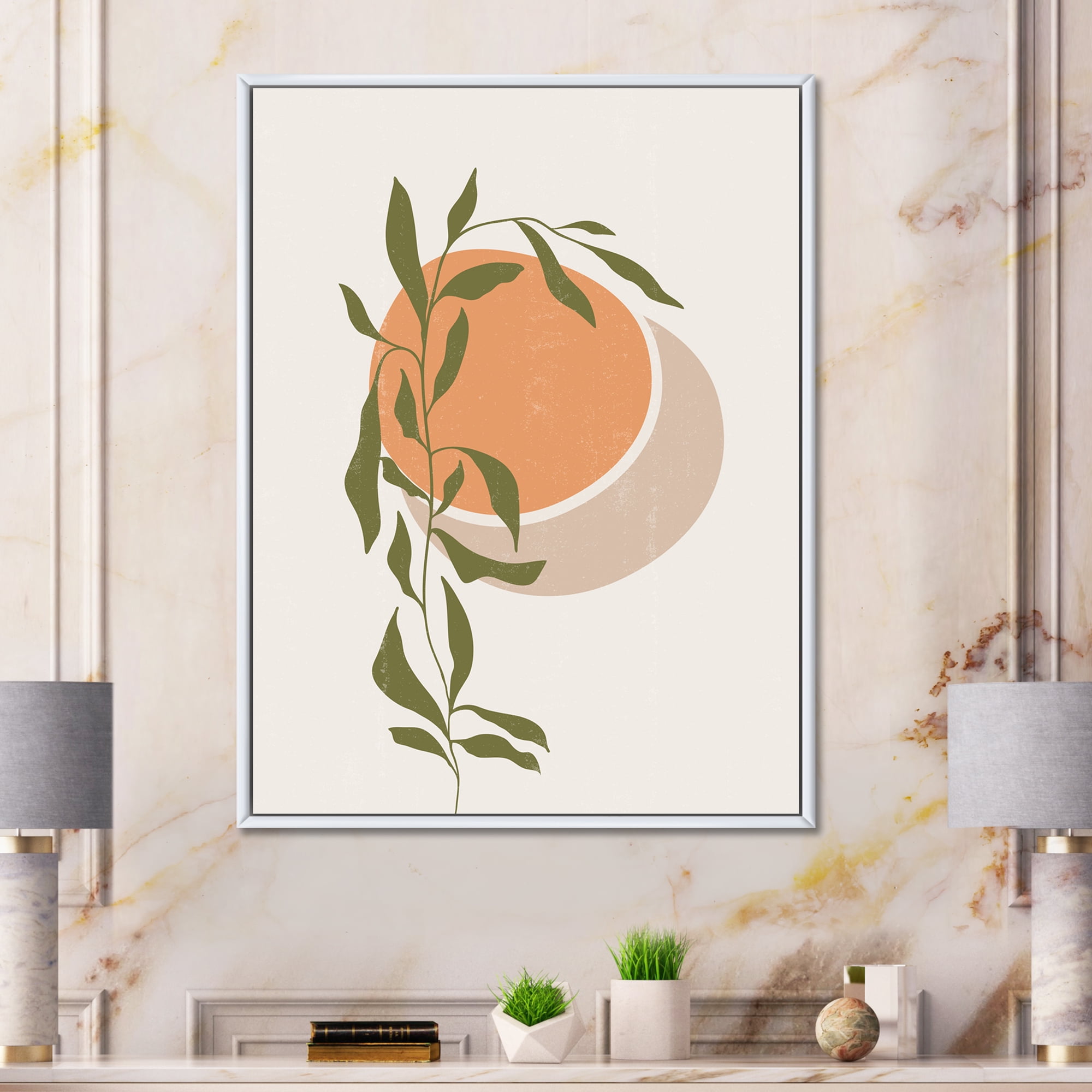 Designart 'Abstract Orange Moon and Sun With Tropical Leaf' Modern Framed Canvas Wall Art Print