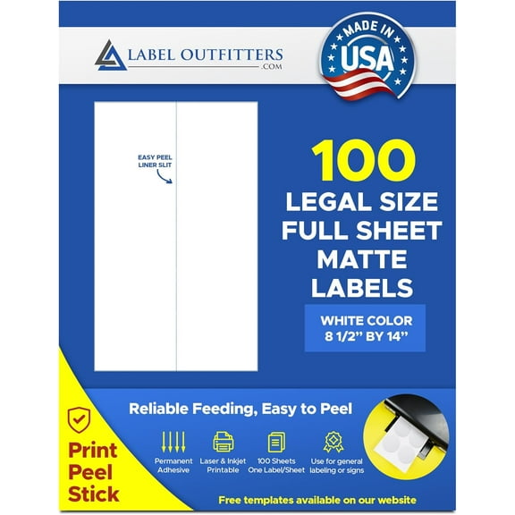 100 Label Outfitters® Legal Size, 8.5 x 14, White Laser and Inkjet Printable Labels