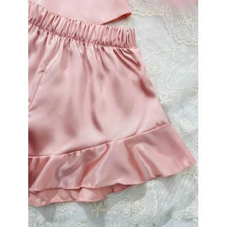 

Valentine‘s Day Sexy & Elegant Pajama Silk Satin Solid Plunge Neck Cami Tops & Elastic Waistband Ruffle Hem Shorts Womens Loungewear & Sleepwear