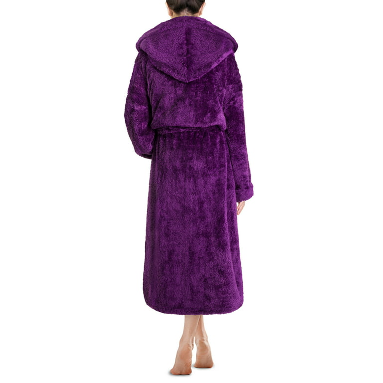 PAVILIA Women Hooded Plush Soft Robe  Fluffy Warm Fleece Sherpa Shaggy  Bathrobe (S/M, Purple) 