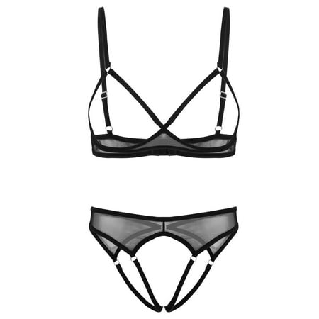 TTAO Womens Sexy Sheer Mesh Lingerie Set Open Cups Bra Top with Crotchless Briefs Underwear Black 4XL