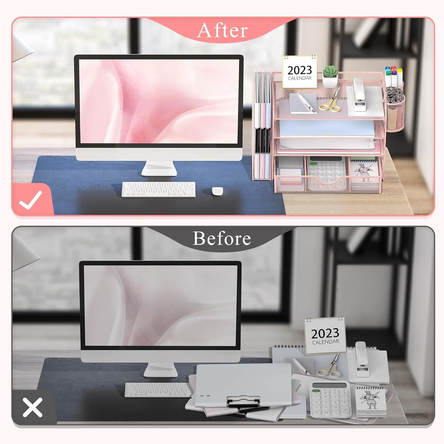 INTIGE 4-Tier Metal Desk Organizer with File Holder, 1 Drawer, 2 Pen Holders, Paper Organizer, Pink