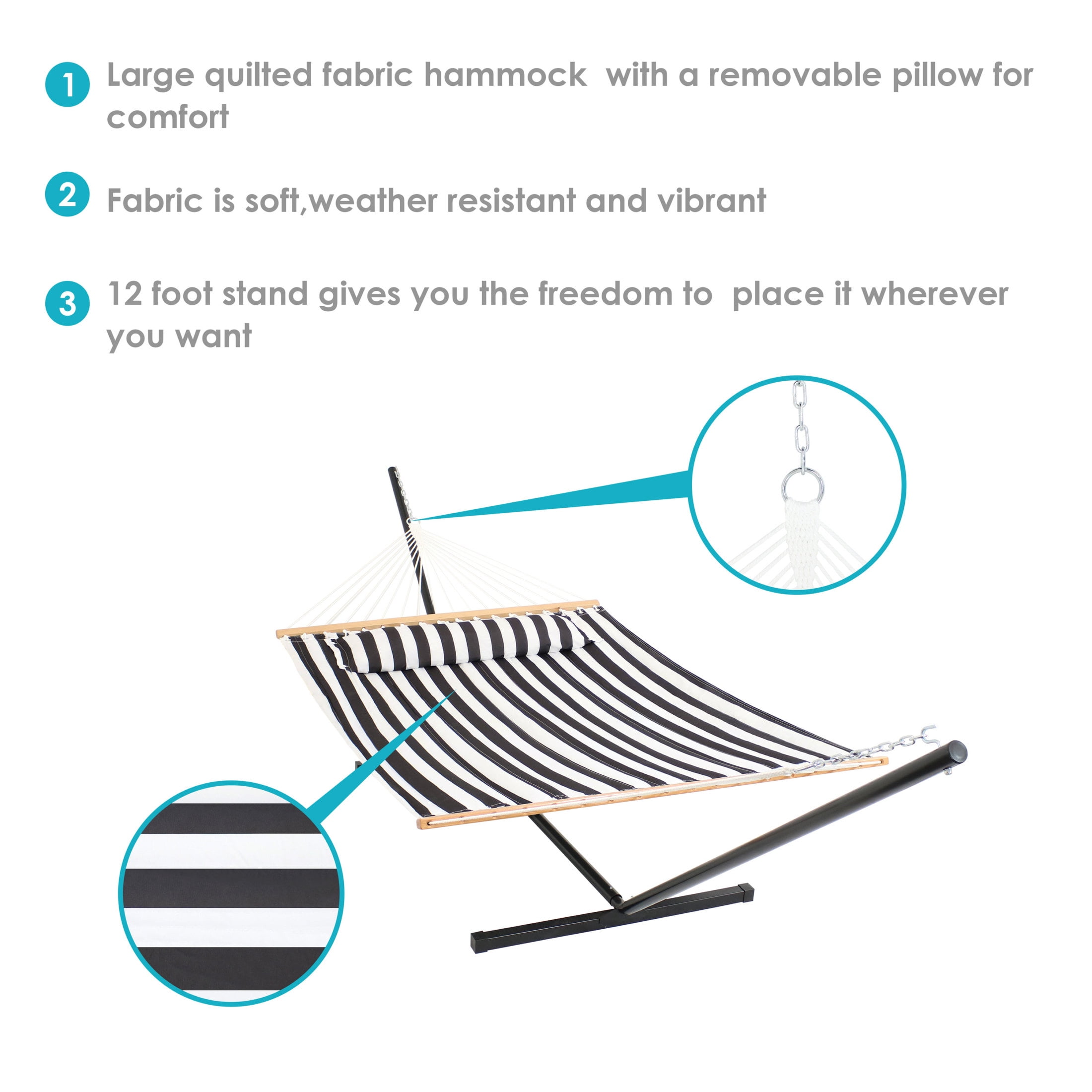 Sunnydaze 2-Person Quilted Polyester Hammock with Stand, 350 lb Capacity - Black and White