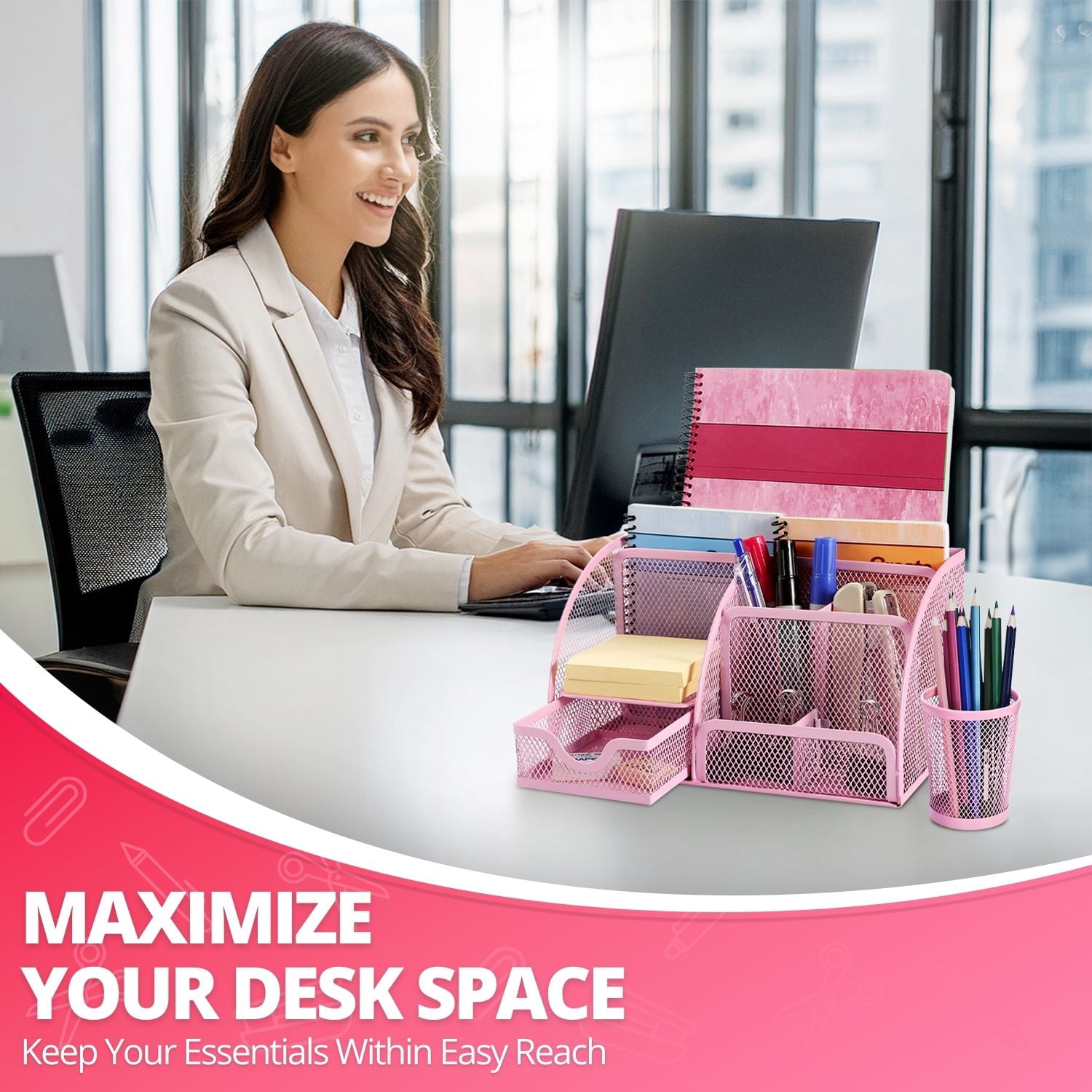 Desk Organizer Office Supplies Accessories Desktop Tabletop Sorter Shelf Pencil Holder Caddy Set - Metal Mesh with Drawer and 6 Compartments (Pink)