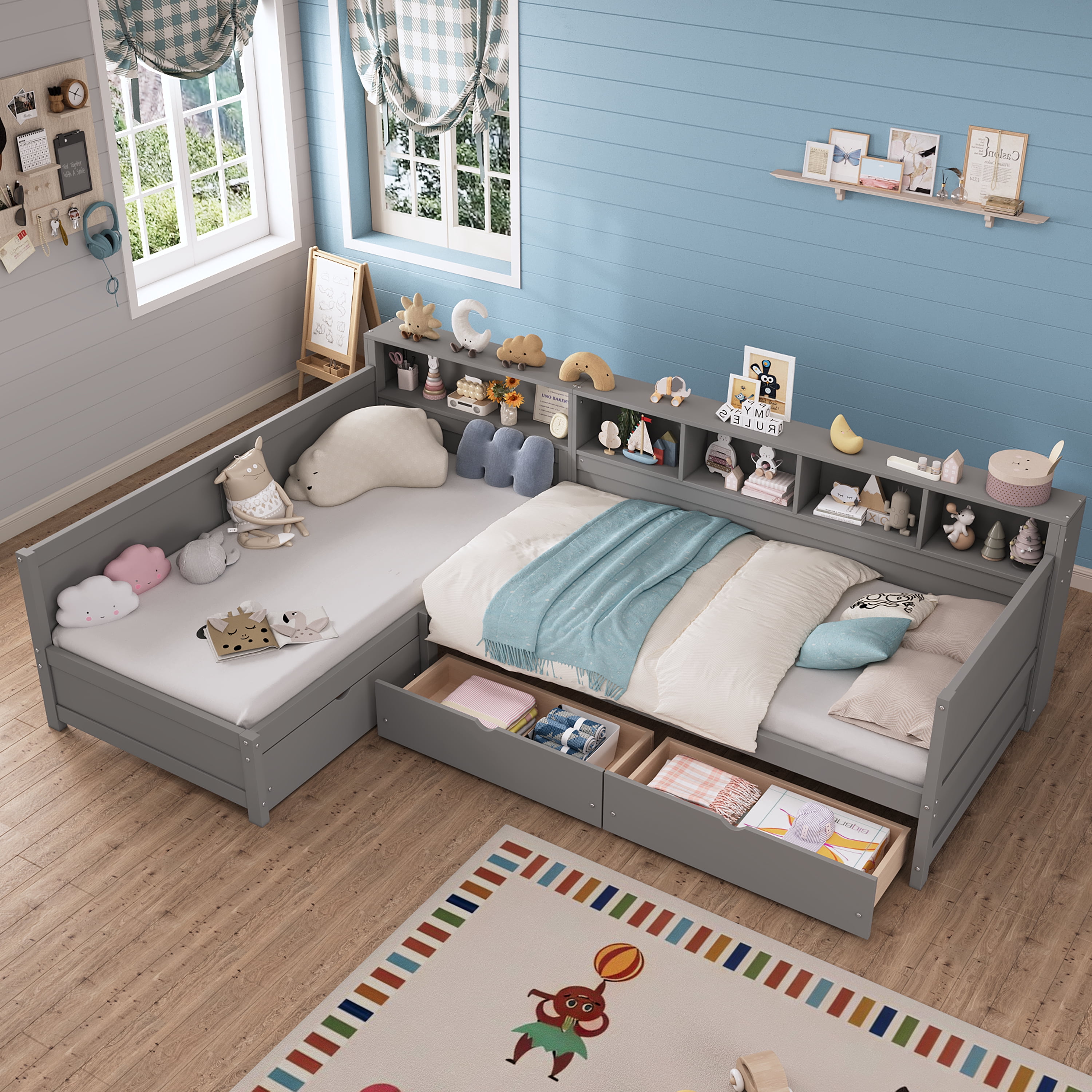 Euroco Wood Twin Size L Shaped Platform Bed with Drawers, Captain Bed with Shelves and Cabinets, 2 Beds in One, Grey