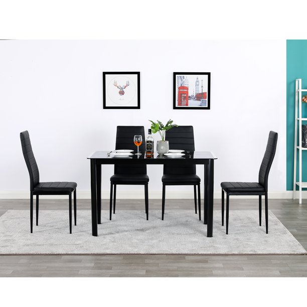 Dining Table Set with 4 Chairs, HeavyDuty Tempered Glass Table & Softly Padded Seat, Modern