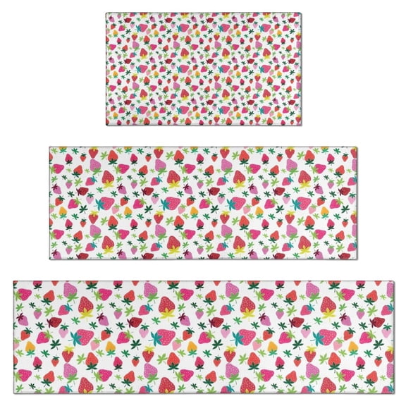 Red Strawberry Plants Leaf White Pattern Kitchen Rugs Sets Of 3,Kitchen Runner Rugs Non Skid Washable,Decorative Kitchen Floor Mats for Kitchen,Sink,Laundry,17"x30" 17"x47" 17"x59"