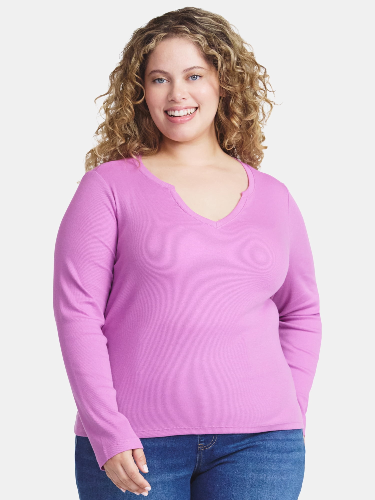Terra & Sky Women's Plus Long Sleeve Notch Neck Top