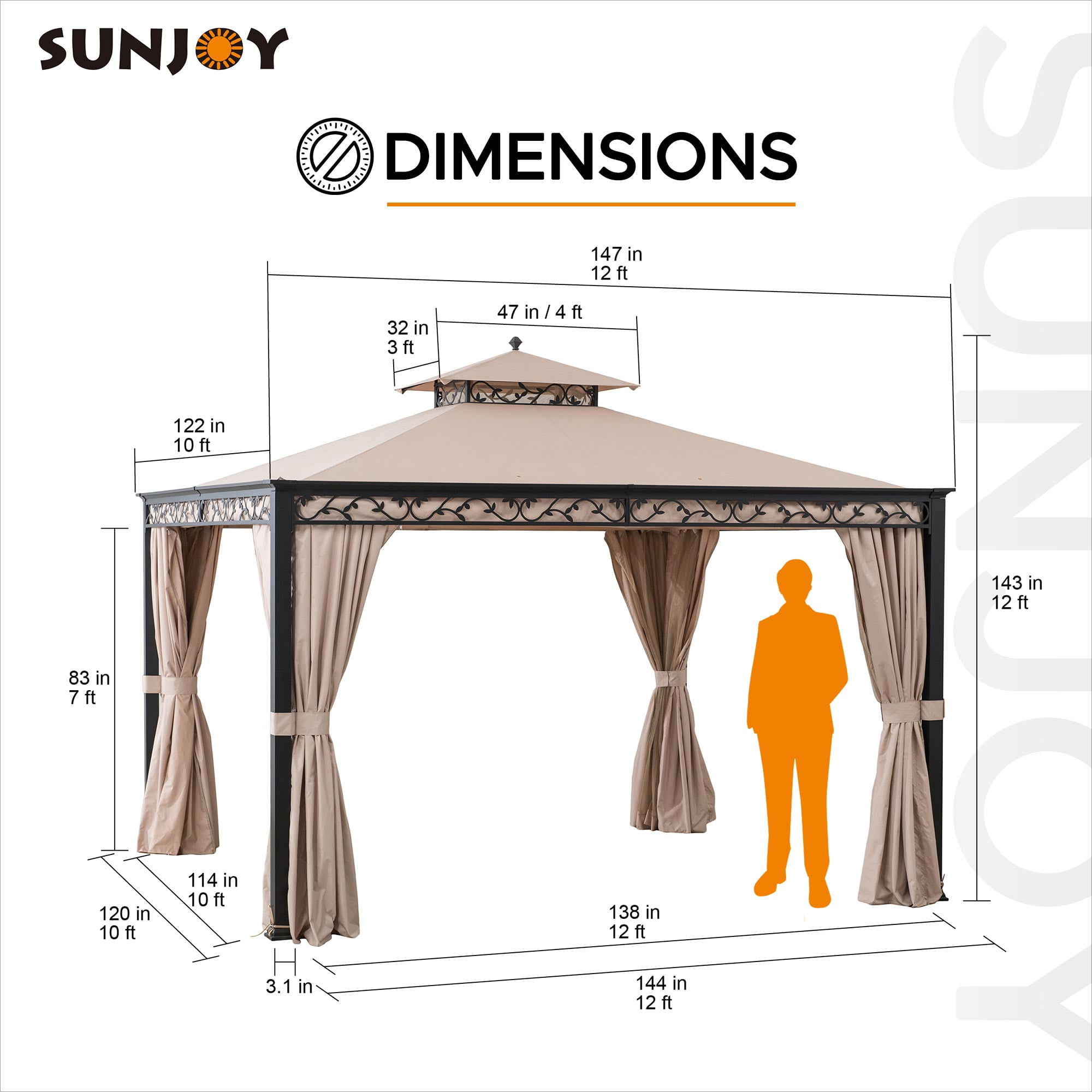 Sunjoy Gazebo à structure en acier 10 x 12 pieds Patio extérieur Gazebo à toit souple à 2 niveaux avec vigne décorative, filet, rideaux et crochet de plafond