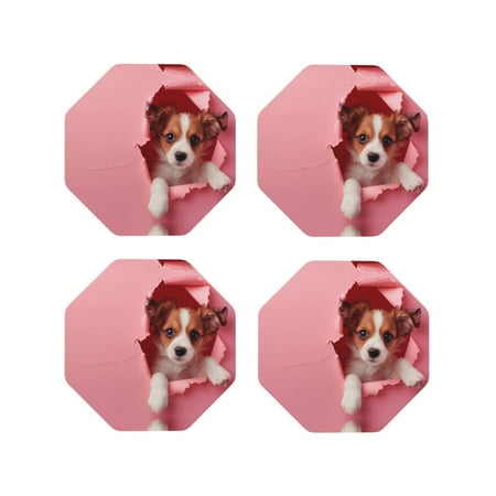 

Drink Coasters Set of 4 Puppy Peeking Through Pink Leather Coasters for Coffee Table Protector Heat Resistant Cute Coasters for Home Decor Housewarming Gifts Bar Kitchen 4 Inch Octagon