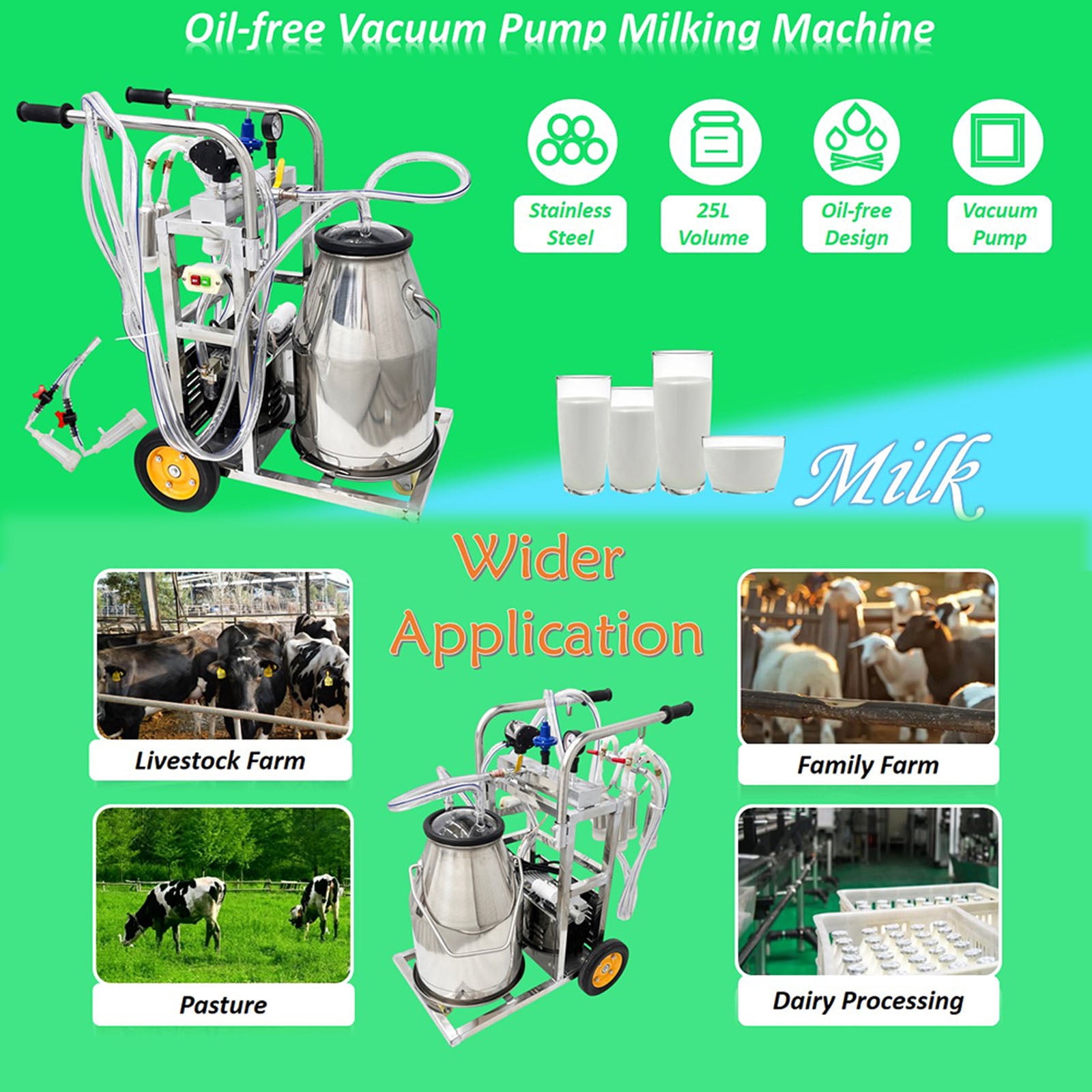 25L Oil-Free Vacuum Pump Milking Machine Stainless Steel Bucket Electric Milker for Cows and Goats