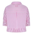 thumbnail image 7 of VKOYWKM Womens Summer Tops Dressy Casual Button Down Collar Striped Shirt 3/4 Sleeve Crop Top Ruffled Hem Loose Fit Oversized Trendy Blouses, 7 of 7
