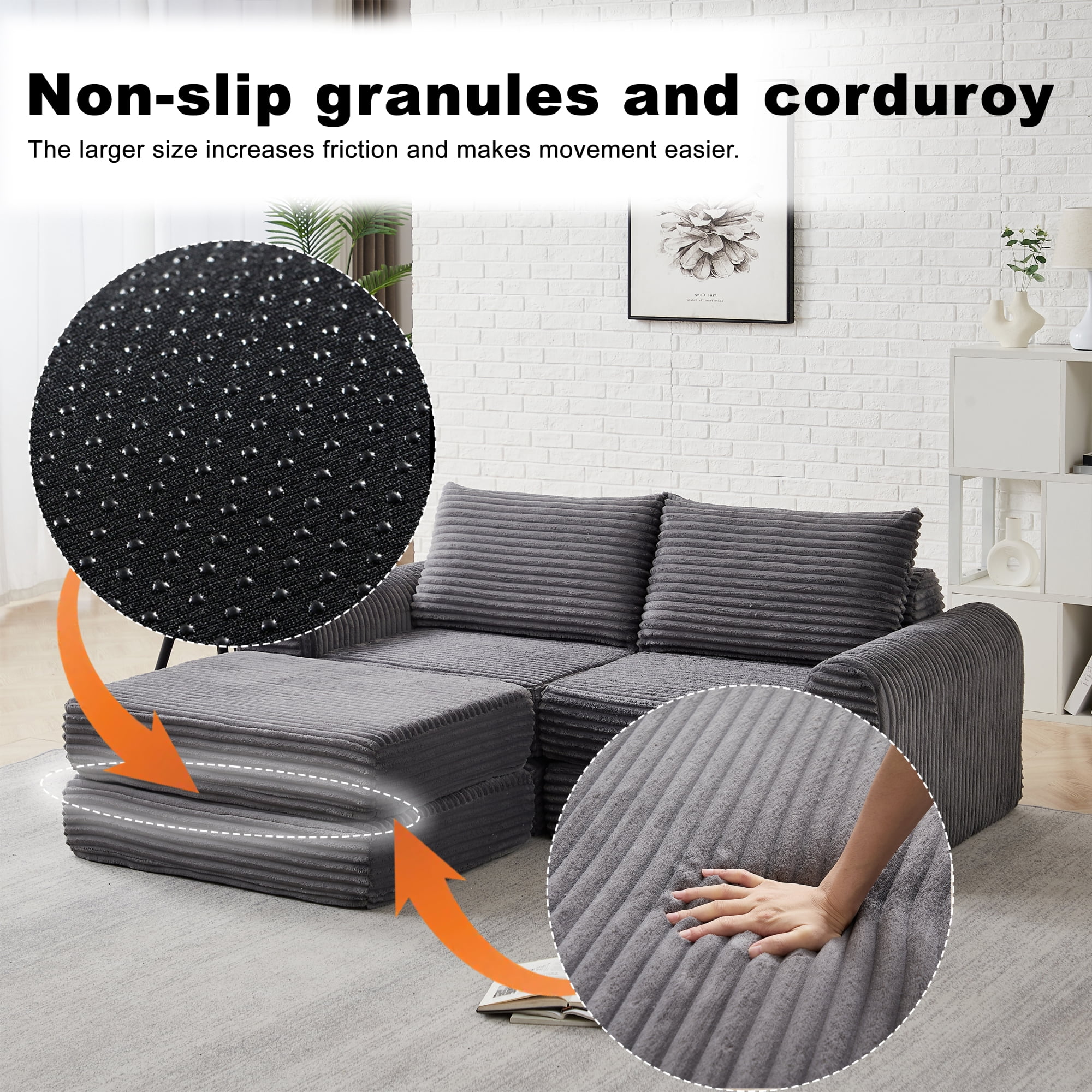2-in-1 Corduroy Convertible Sleeper Sofa Bed with with Two Throw Pillows & Curved Lines for Living Room,Easy Assembly,Grey