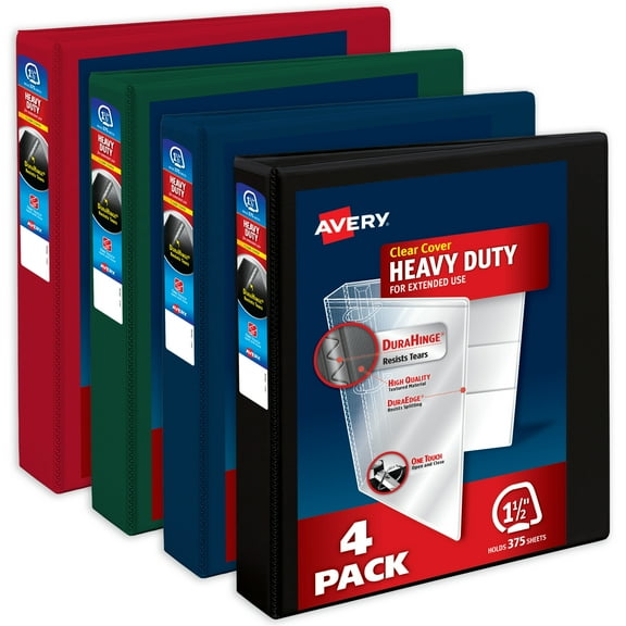Avery Heavy-Duty View 3 Ring Binders, 1.5 inch One Touch Slant Rings, 375-Sheet Capacity, DuraHinge, 2.1 inch Wide Spine, Customizable Clear Cover and Spine, Assorted Dark Colors (4-Pack of 79635)