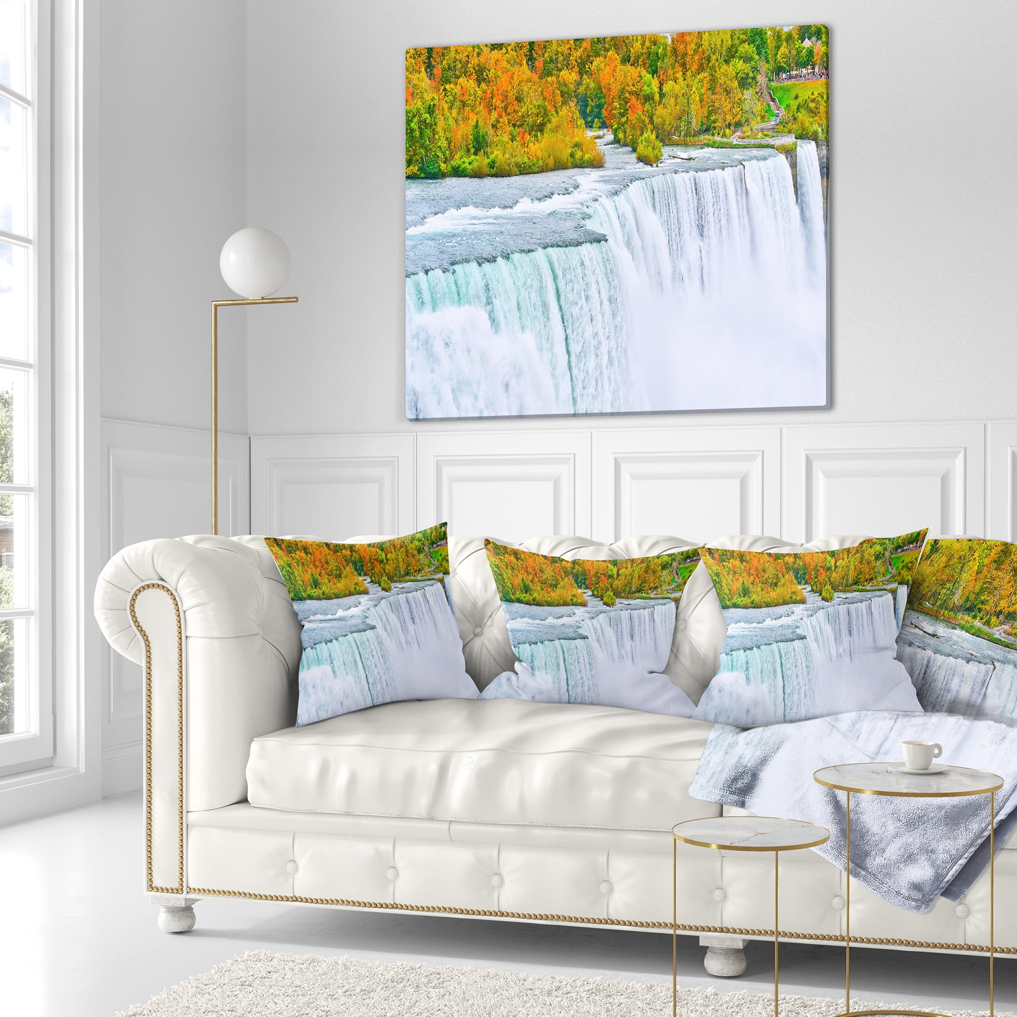 Designart Autumn Niagara Falls Panorama - Landscape Printed Throw Pillow - 16x16
