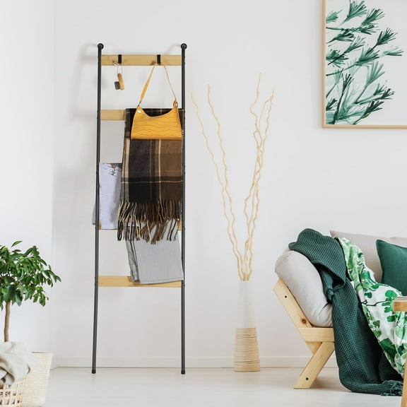 Blanket Ladder, 5-Tier Wall Leaning Rack with 10 Removable Hooks, Stylish & Durable Towel/Quilt Holder for Living Room Bathroom, Rustic Brown & Black Decorative Stand 64.6in
