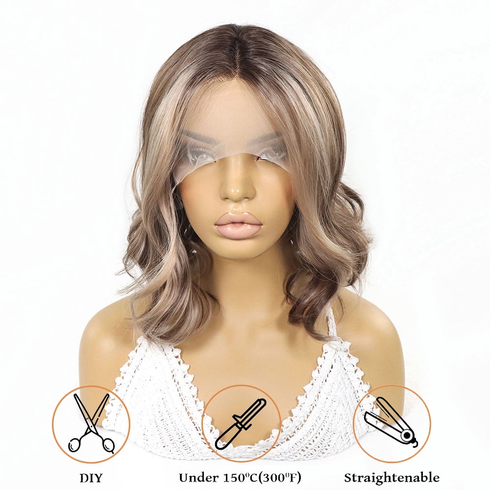 Ash Brown Wavy Highlight Synthetic Lace Front Short Bob Wigs 13x3 Colored Straight Wig Dark Roots Blonde Wig For Women Daily Use