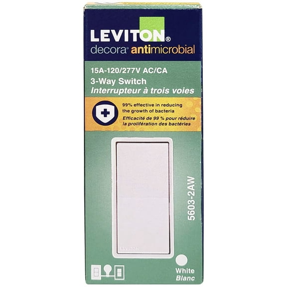 Leviton 5603-2AW Antimicrobial 15 Amp 120/277V Decora Rocker 3-Way AC Quiet Switch, White