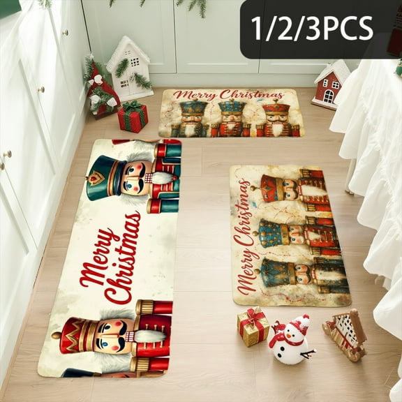 3PCS Kitchen Mat set, Welcome Door Flannel Rug,Home Decor for Front Door,Kitchen, Bathroom, Merry Christmas Nutcracker And Gift Boxes Pattern ,Great Thanksgiving Day