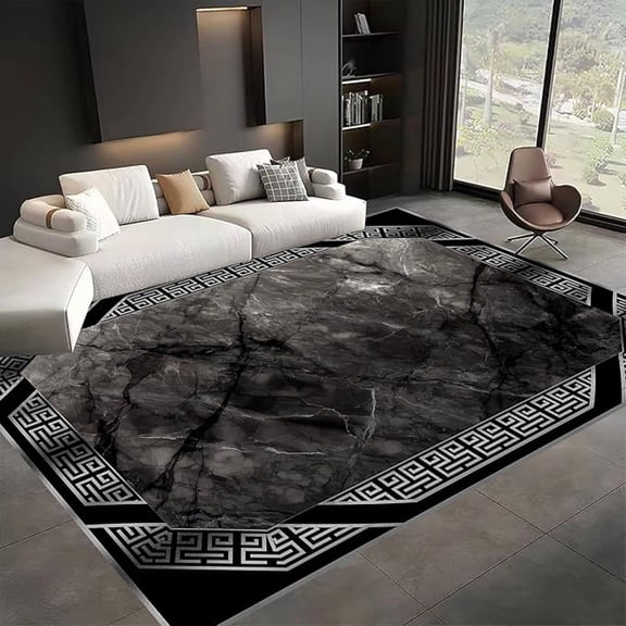 Black Luxury Marble Area Rug, Stylish Modern Minimalist Geometric Pattern Printed Carpet, Irregular Non-Slip Washable Living Room Rugs, For Living Room, Bedroom And Dining Room 4x5ft