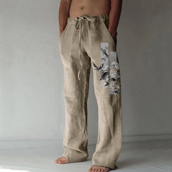 EGNMCR Men's Lightweight Pants, Cargo Pants Men, Linen Pants Men, Mens Casual Loose Fit Elastic Waist Pants Men's Summer Cotton And Wide Leg Pants Printed Lace Up Sports Pants Casual Pants Men Pants