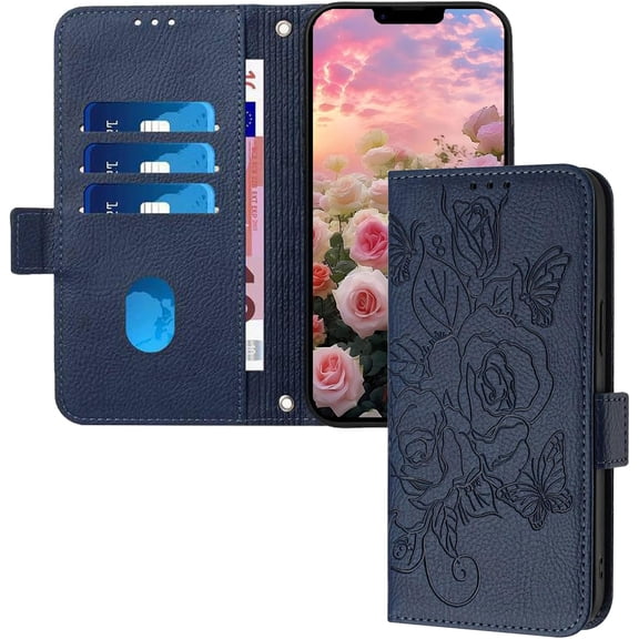 Case for iPhone 16 Pro, iPhone 16 Pro Wallet Case with Credit Card Holder Kickstand [RFID Blocking] Leather Emboss Rose Shockproof Phone Case for iPhone 16 Pro 6.3 inch Navy MG