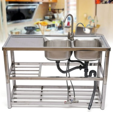 Free Standing Stainless-Steel Double Bowl Kitchen Utility Sink Set w/ Prep Table
