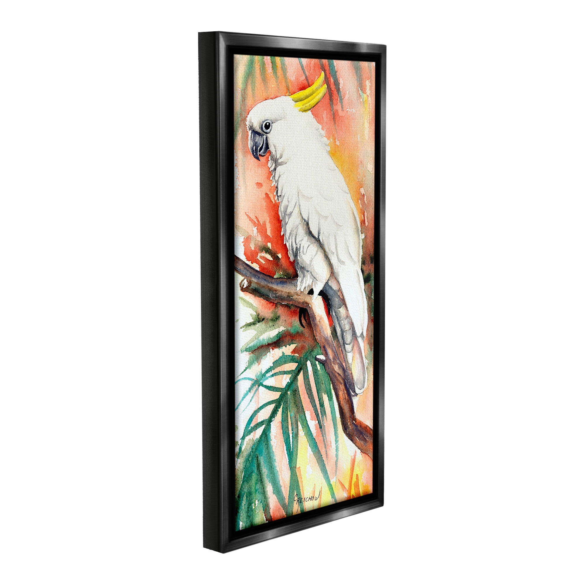 Stupell Industries Cockatoo in Rainforest Animals & Insects Painting Black Floater Framed Canvas Art Print Wall Art, 14 x 31