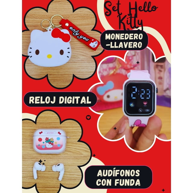 SET HELLO KITTY -AUDIFONOS CON FUNDA, LLAVERO Y RELOJ PARA NIÑOS