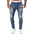 thumbnail image 1 of Men Ripped Hole Jeans Denim Pants Pockets Button Skinny Long Trousers, 1 of 5